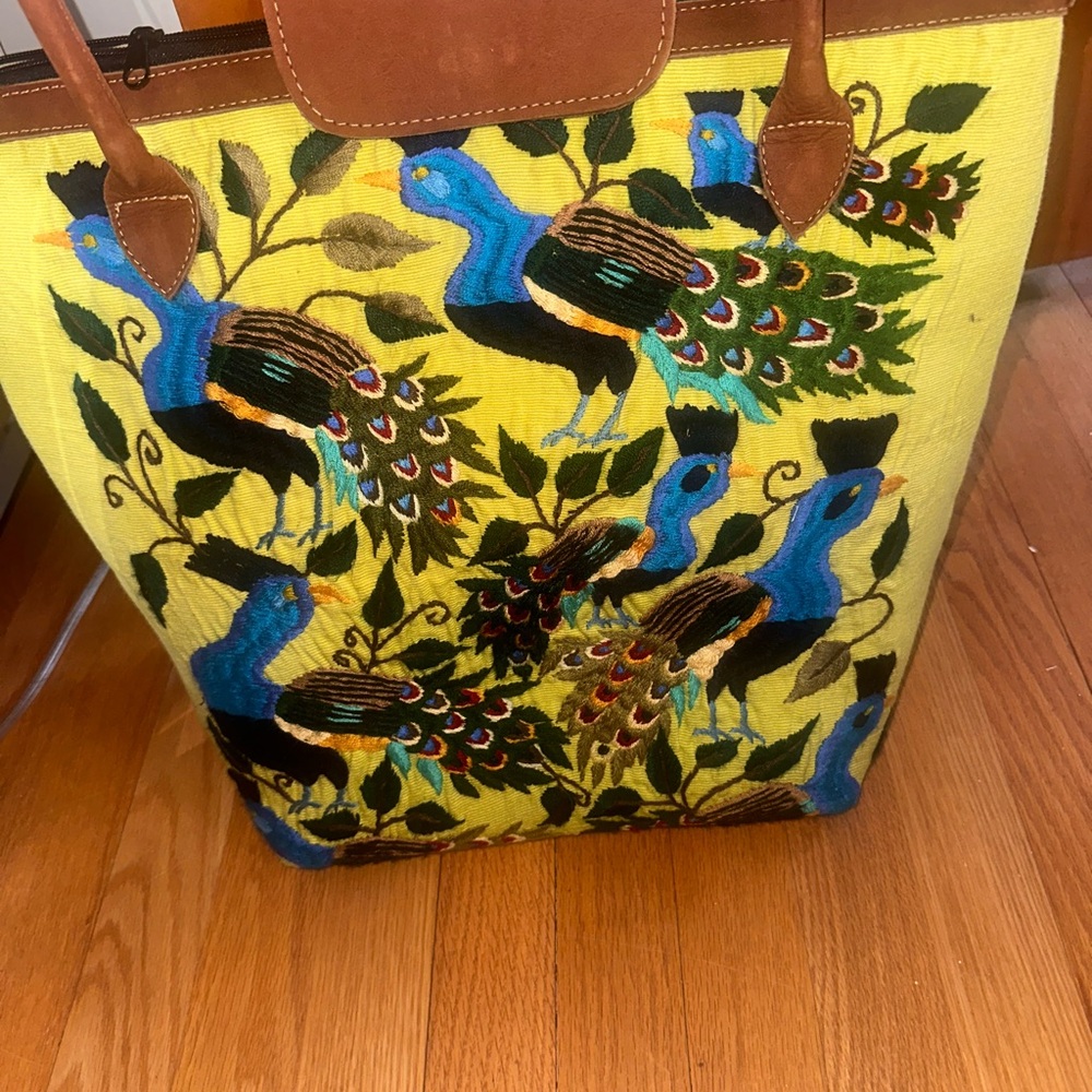 Vibrant Peacock Embroidered Tote Bag